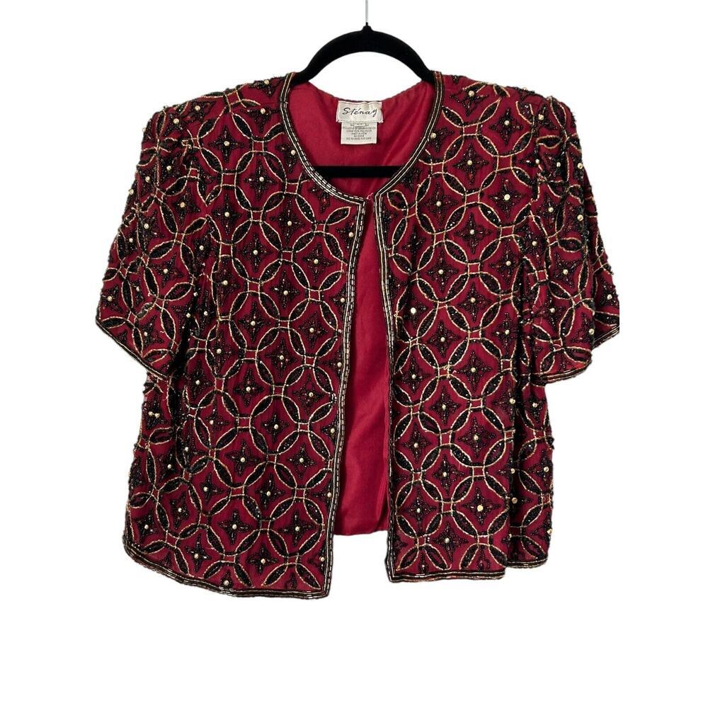 Vintage Stenay Jacket Size M Red Glam Beaded Silk Sequin Open Lined Cardigan